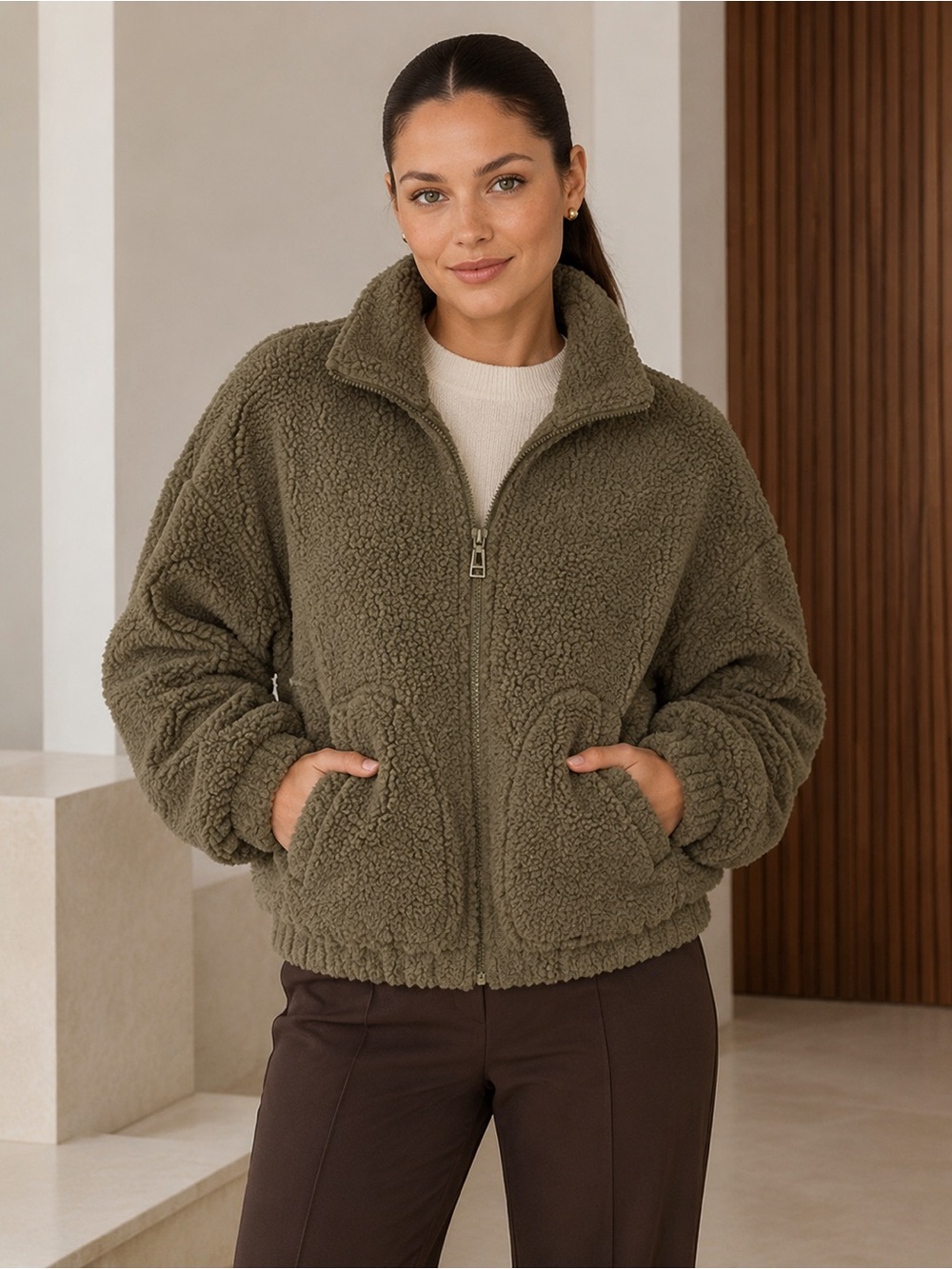 Old Navy Oversized Teddy Sherpa Full- Zip Jacket in Olive Green (NWOT)